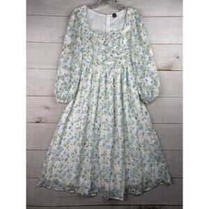 SheIn Dress S Floral Prairie Cottagecore Ruched Bodice Flowy Midi Sheer Overlay